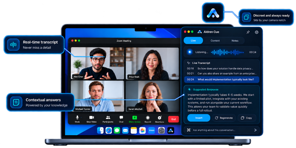 Aldren Cue on macOS displaying live transcript, camera notch teleprompter, and contextual suggestions