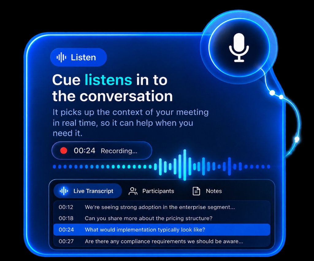 Cue listens in to the conversation and builds a live transcript in real time